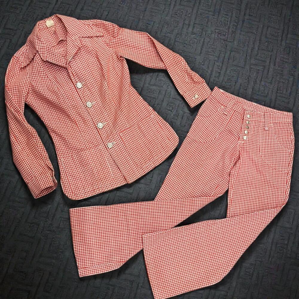 Vintage 1960s/70s Orange Gingham Two Piece Set Bell Bottom Pants Jacket Outfit